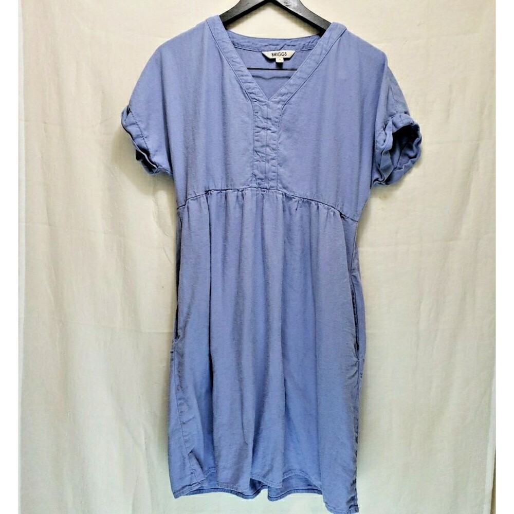 Briggs Women's Medium Blue Linen Blend V-Neck Dress Short Sleeve with Pockets M